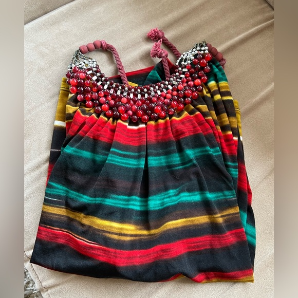 Wet Seal multicolored gorgeous beaded neck halter top with red ties. XL. - Picture 8 of 9